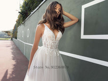 Load image into Gallery viewer, Boho Vintage Tulle Wedding Dress Princess A-Line Lace Appliques Spaghetti Straps Backless Bridal Gown 2022 B