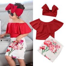 Load image into Gallery viewer, Fashionist Fiona&#39;s red floral mini and off the shoulder ruffle top

